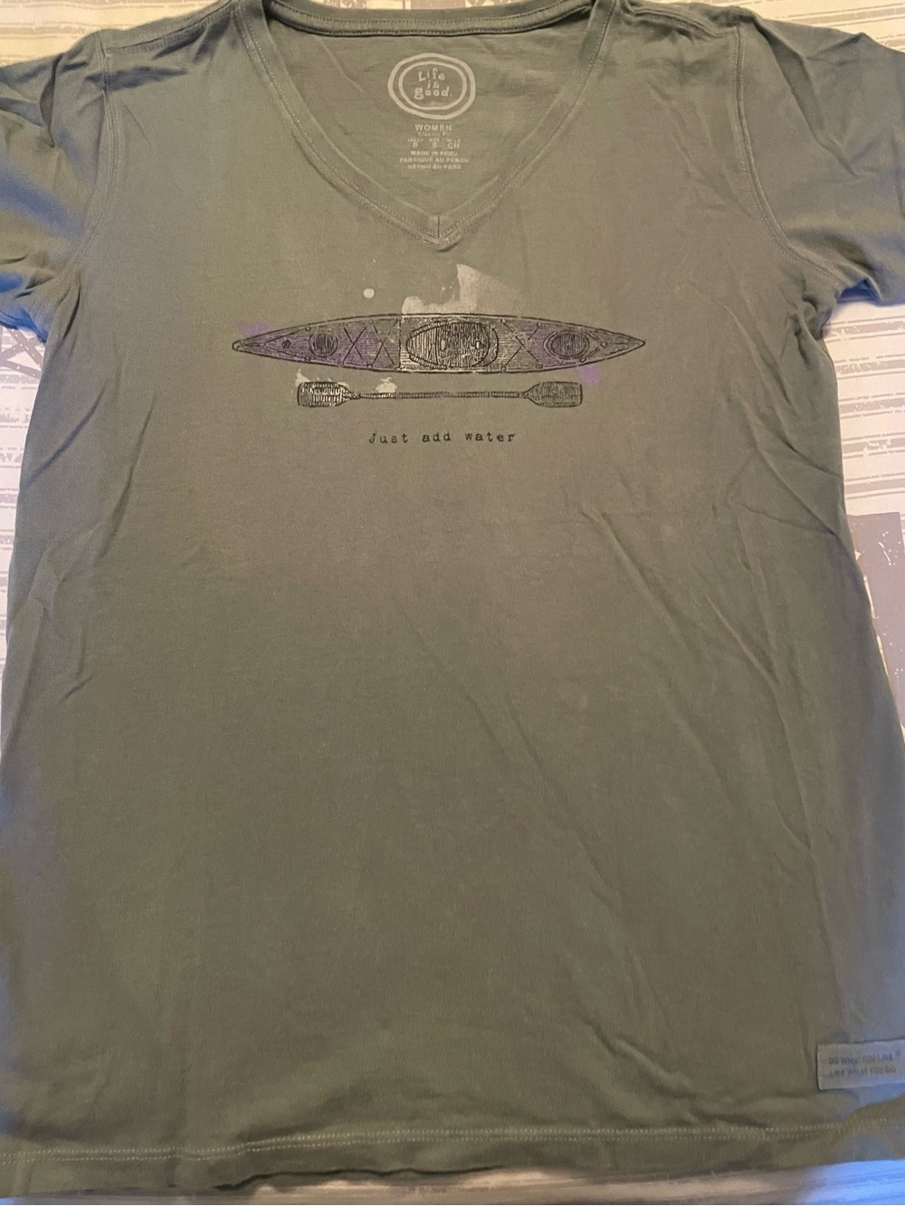 Life Is Good V-Neck Tee with Purple Kayak Graphic
